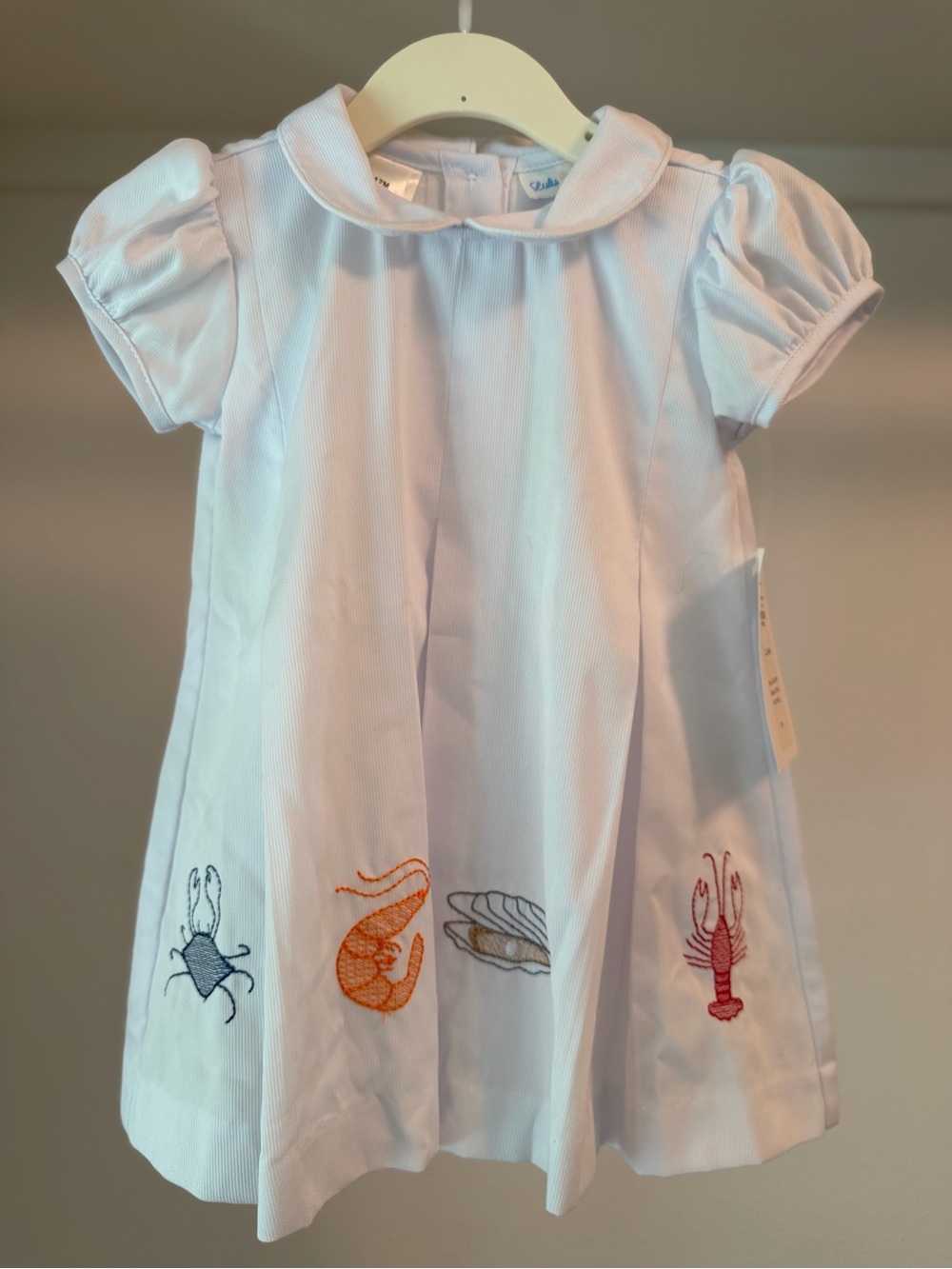 NWT Lulu Bebe seafood dress white pique Peter Pan collar with embroidery 12M